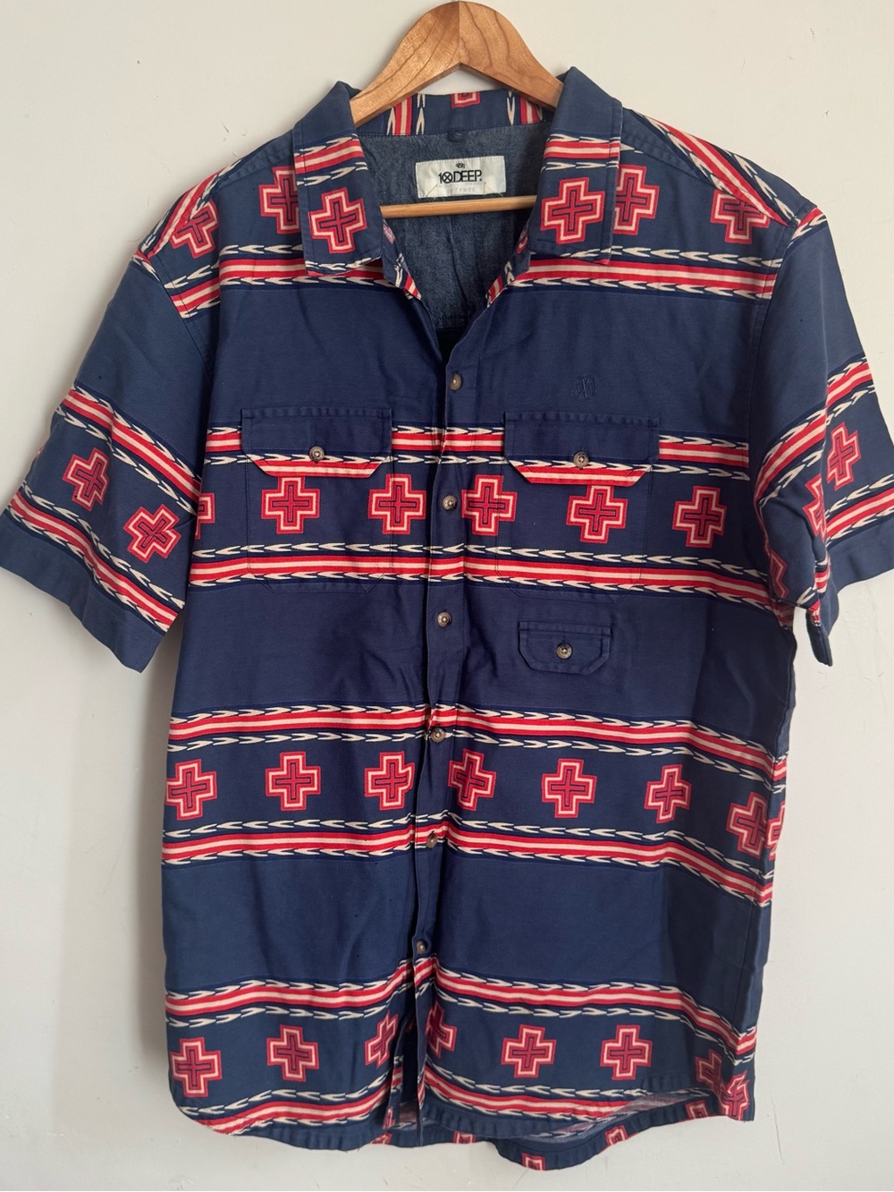 10.Deep Shirt Mens Large Aztec Geometric Heavy Woven Cotton Button Up Blue & Red